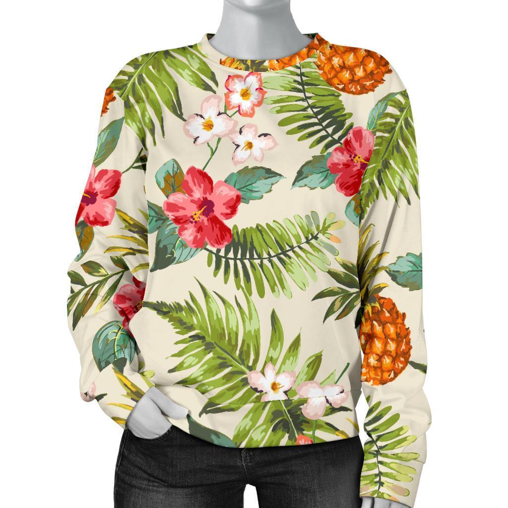 White Aloha Pineapple Pattern Print Women's Crewneck Sweatshirt GearFrost