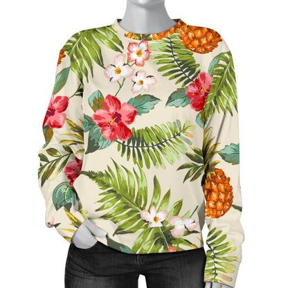 White Aloha Pineapple Pattern Print Women's Crewneck Sweatshirt GearFrost