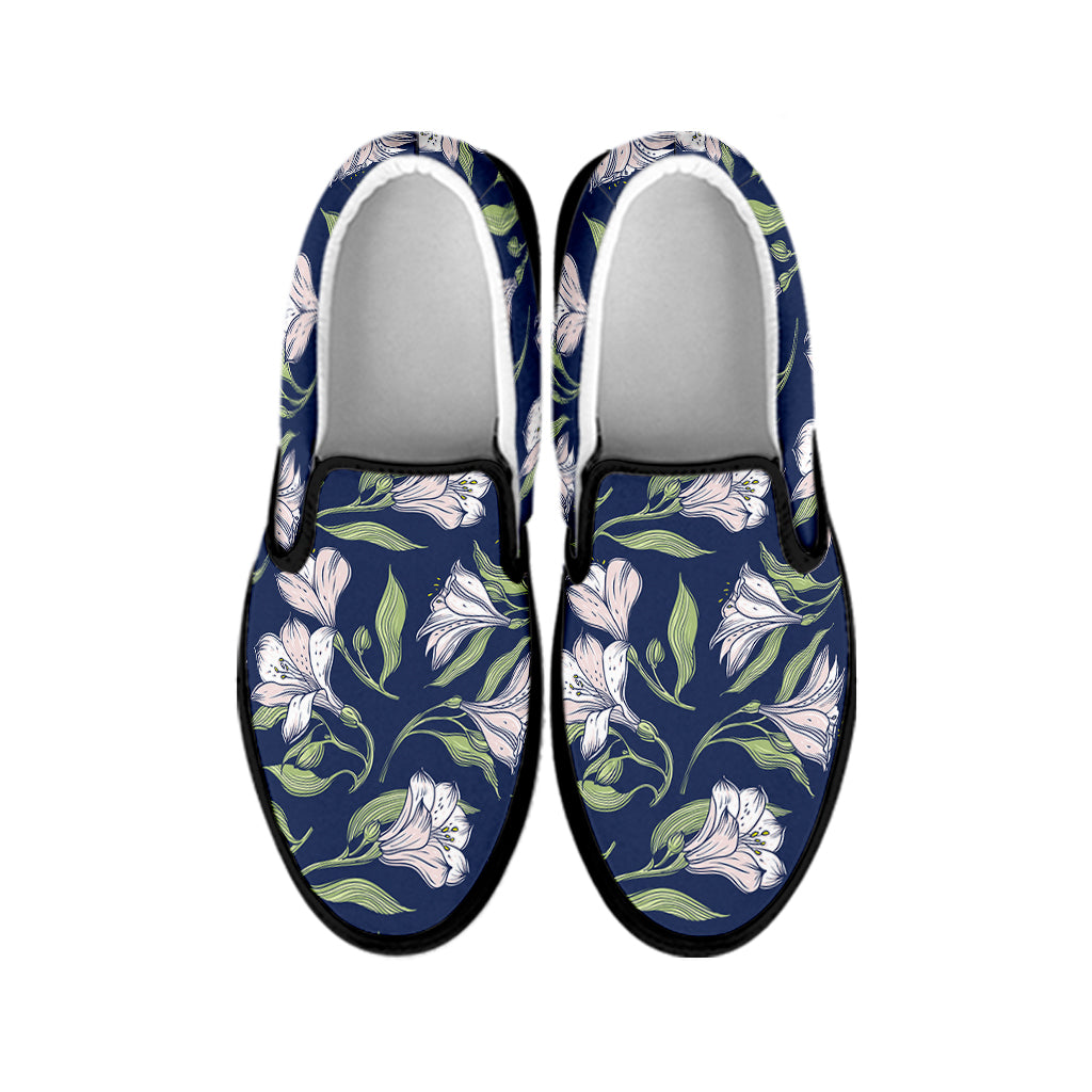 White Alstroemeria Pattern Print Black Slip On Shoes