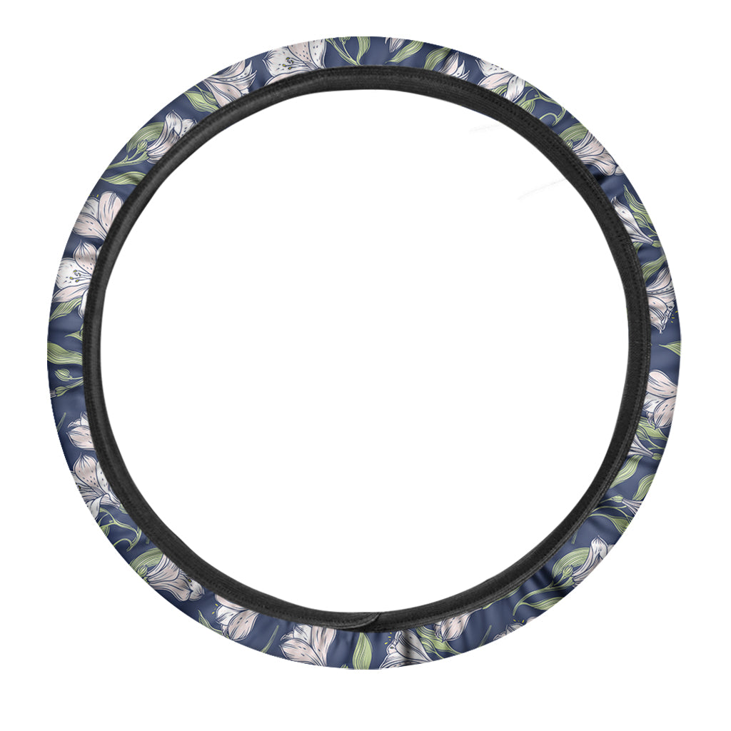 White Alstroemeria Pattern Print Car Steering Wheel Cover