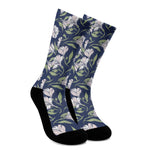 White Alstroemeria Pattern Print Crew Socks