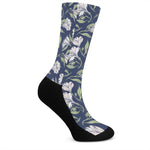 White Alstroemeria Pattern Print Crew Socks