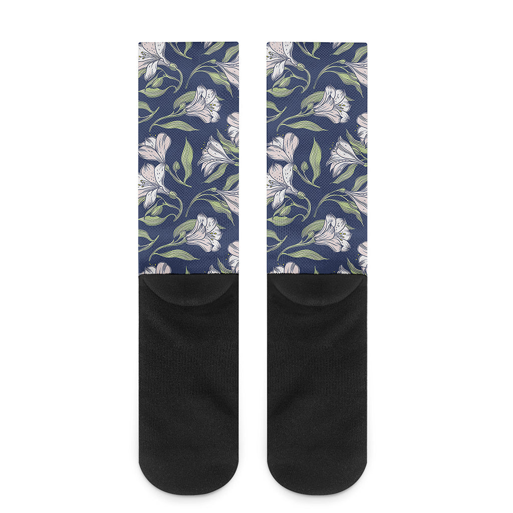 White Alstroemeria Pattern Print Crew Socks