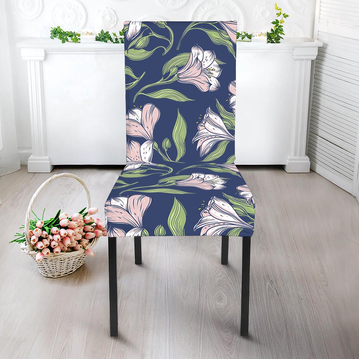 White Alstroemeria Pattern Print Dining Chair Slipcover