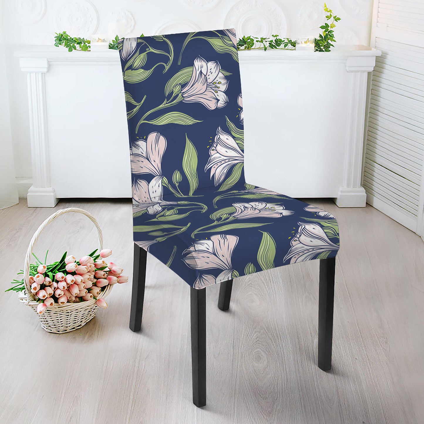 White Alstroemeria Pattern Print Dining Chair Slipcover