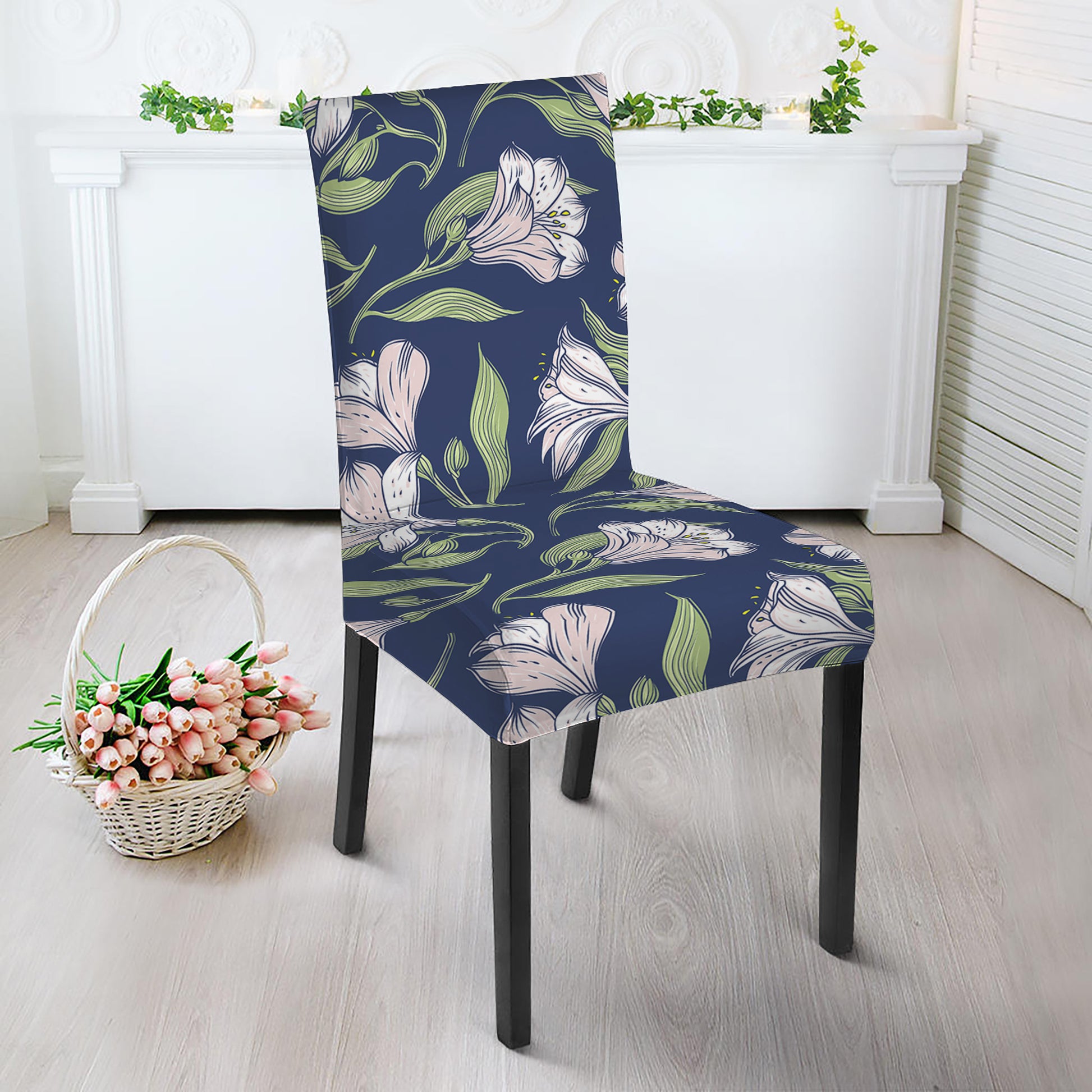 White Alstroemeria Pattern Print Dining Chair Slipcover