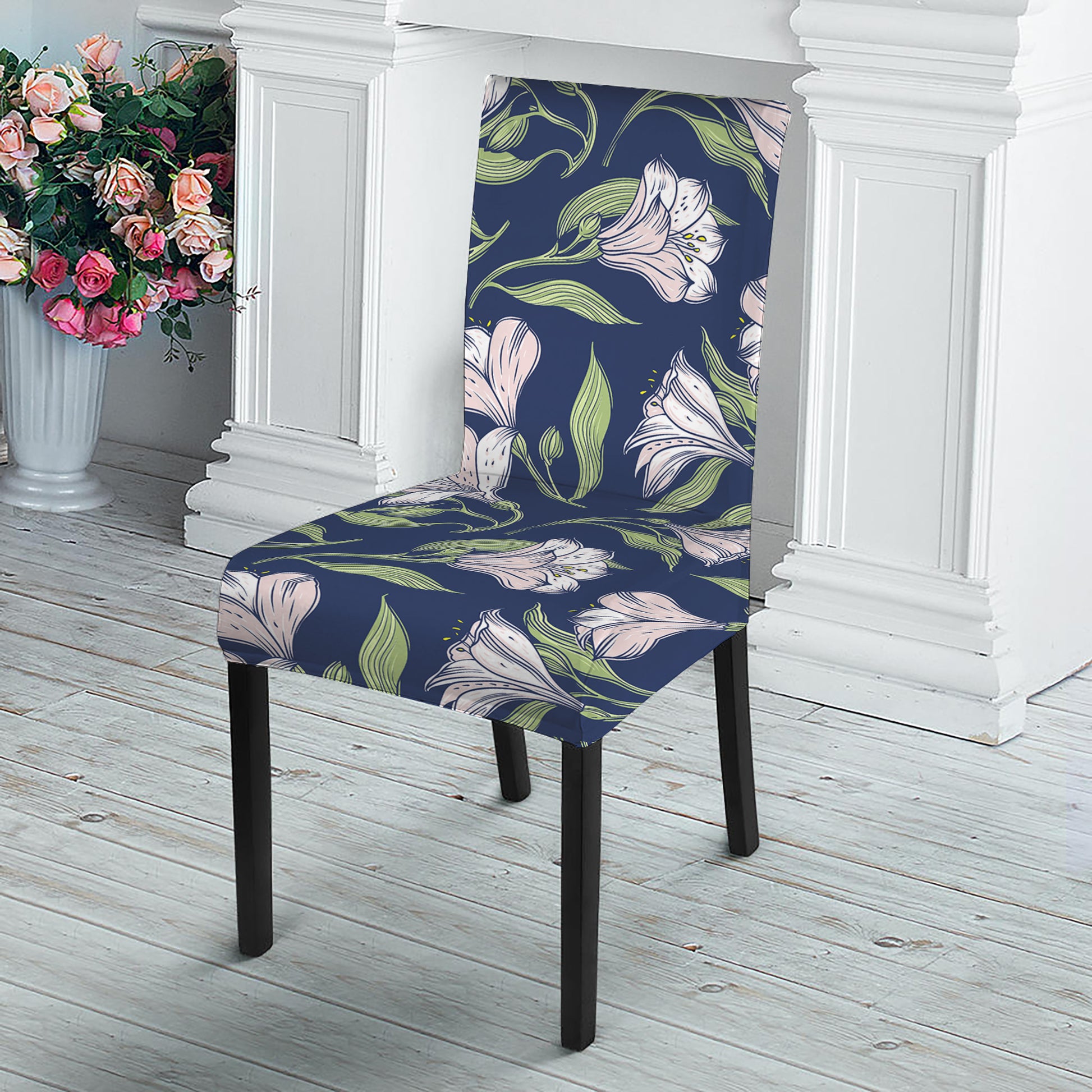 White Alstroemeria Pattern Print Dining Chair Slipcover