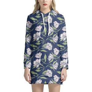 White Alstroemeria Pattern Print Hoodie Dress