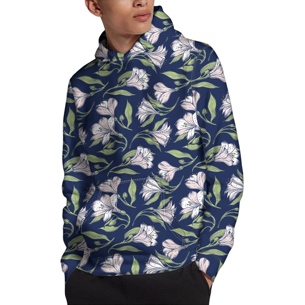 White Alstroemeria Pattern Print Pullover Hoodie