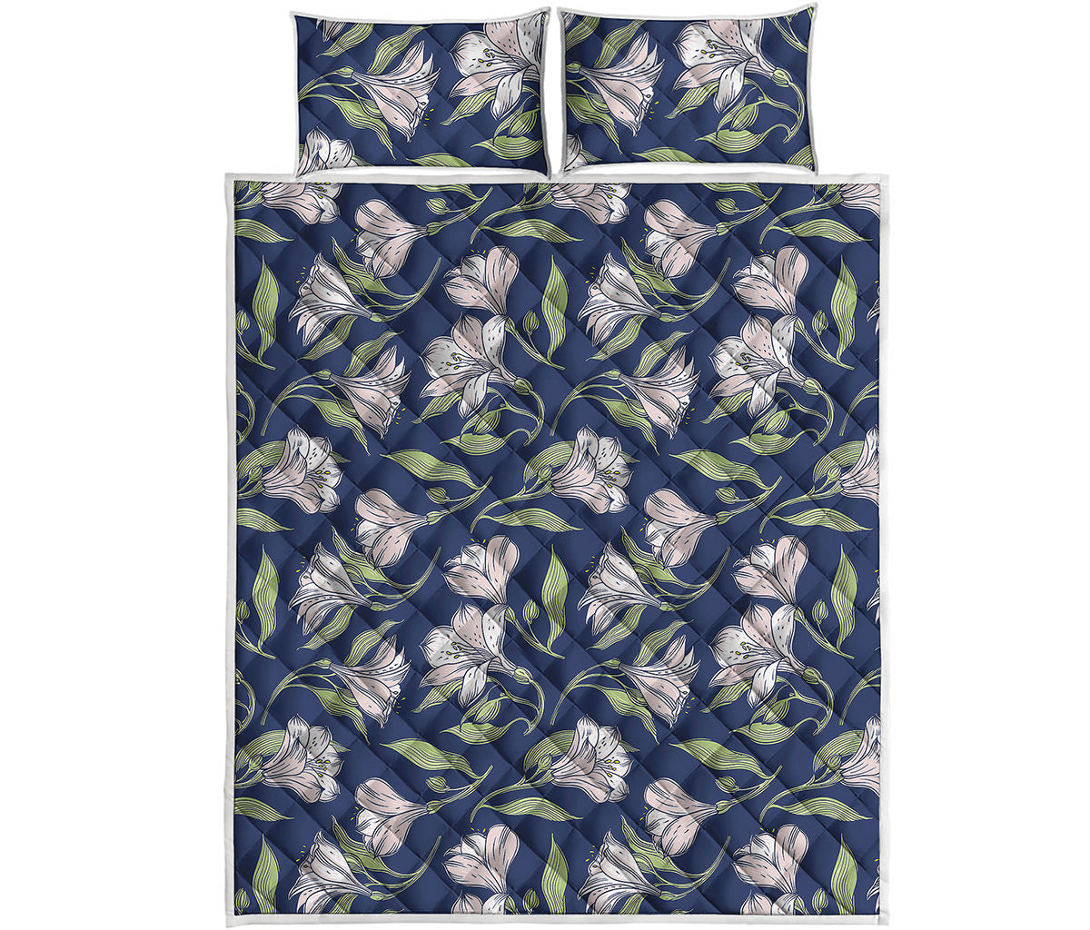 White Alstroemeria Pattern Print Quilt Bed Set