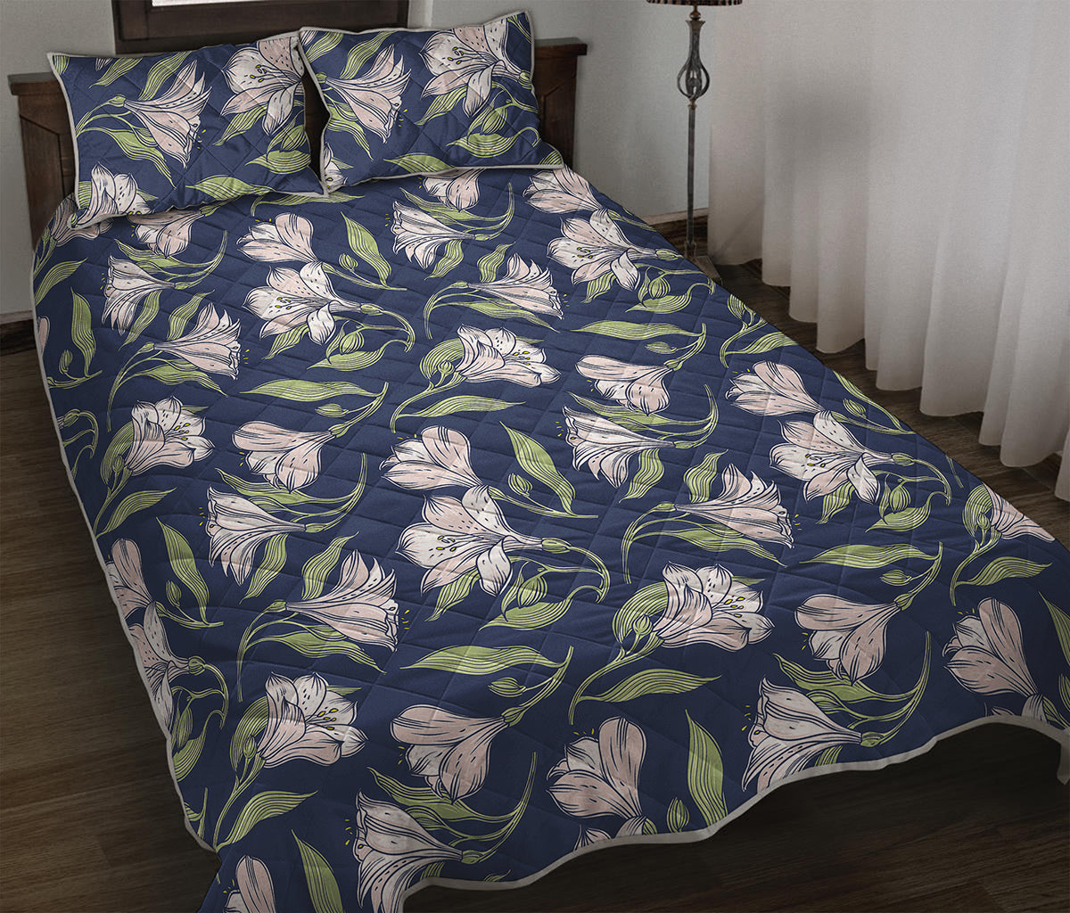 White Alstroemeria Pattern Print Quilt Bed Set