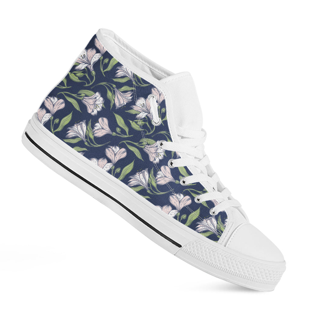 White Alstroemeria Pattern Print White High Top Shoes