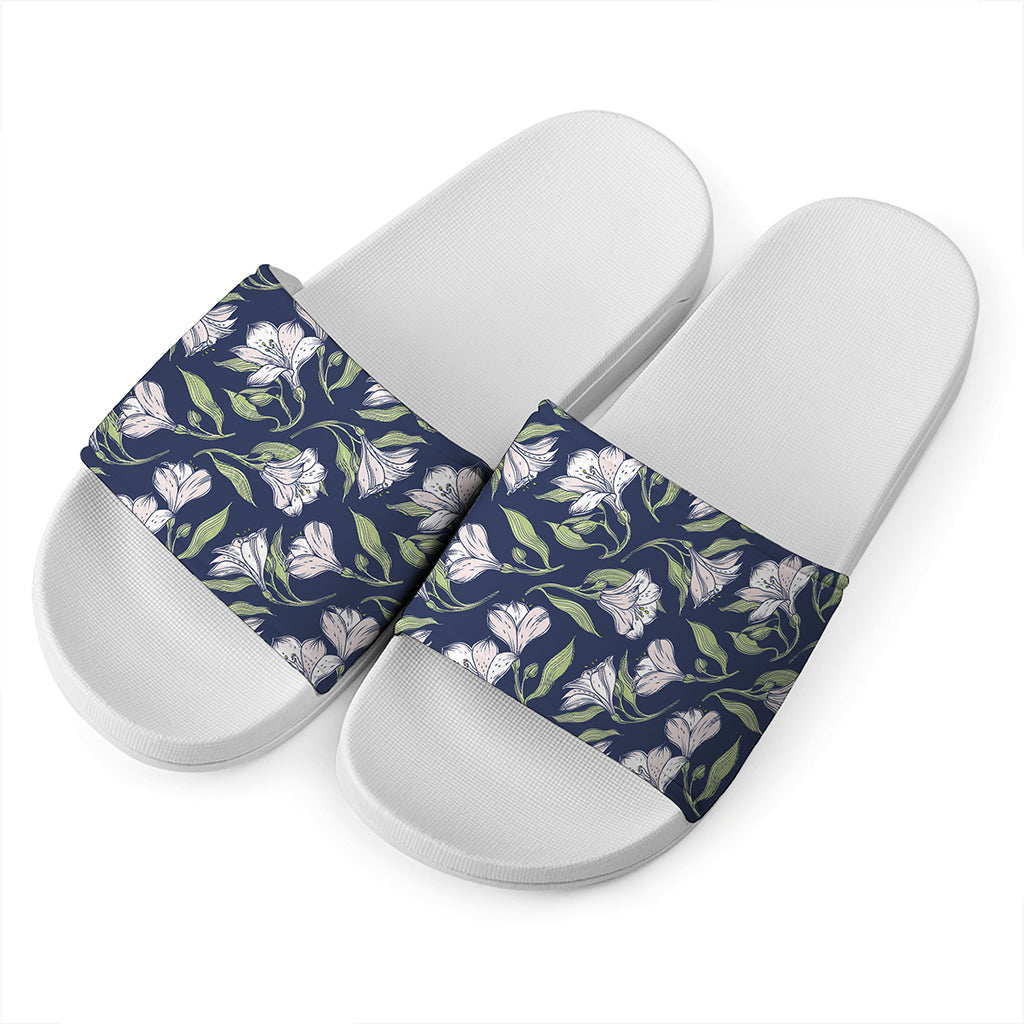 White Alstroemeria Pattern Print White Slide Sandals