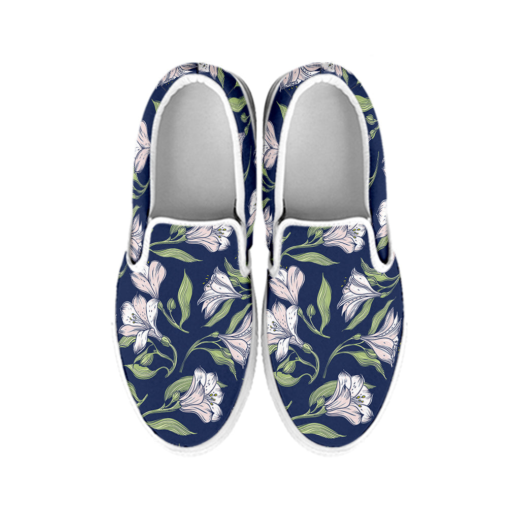 White Alstroemeria Pattern Print White Slip On Shoes