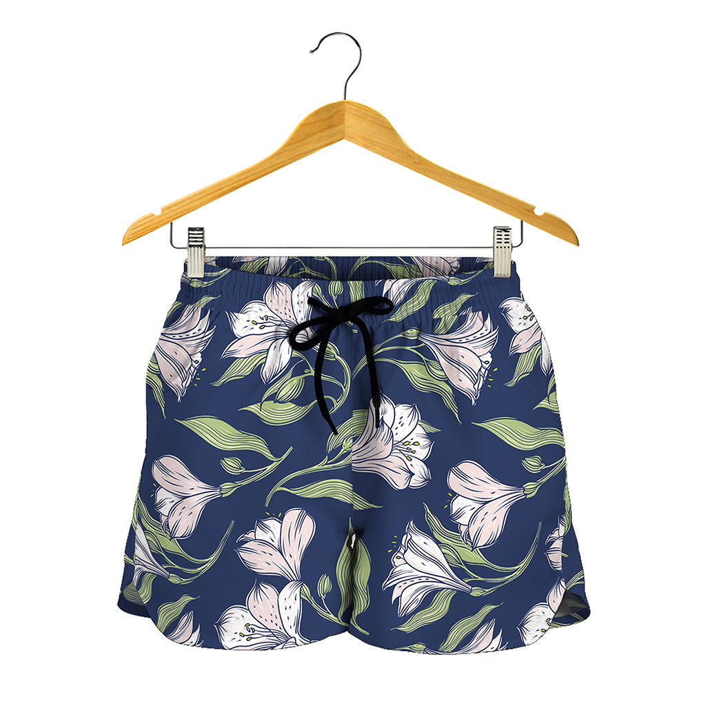 White Alstroemeria Pattern Print Women's Shorts