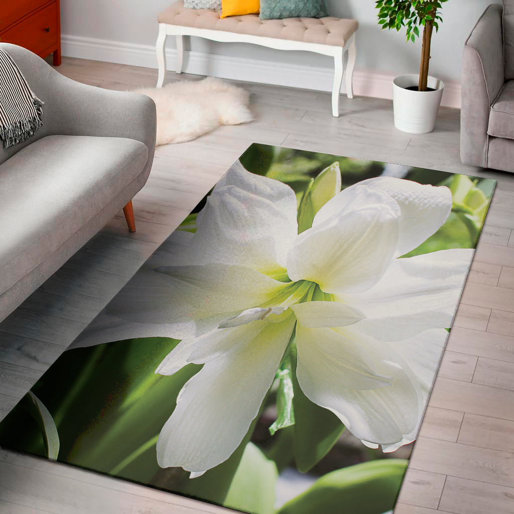 White Amaryllis Print Area Rug