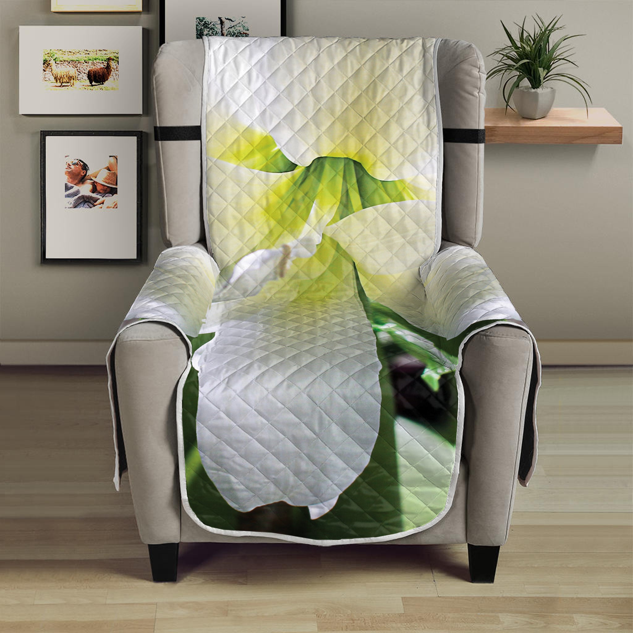 White Amaryllis Print Armchair Protector