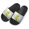 White Amaryllis Print Black Slide Sandals