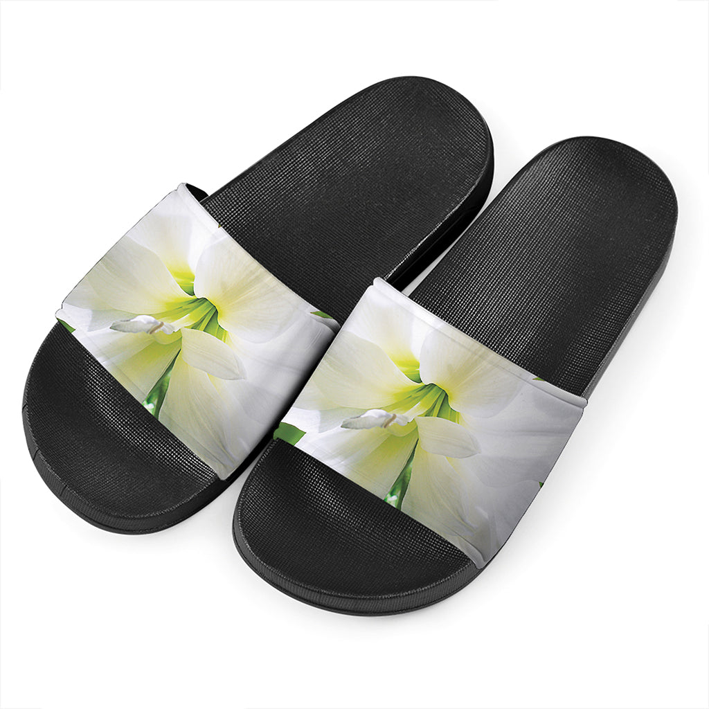 White Amaryllis Print Black Slide Sandals