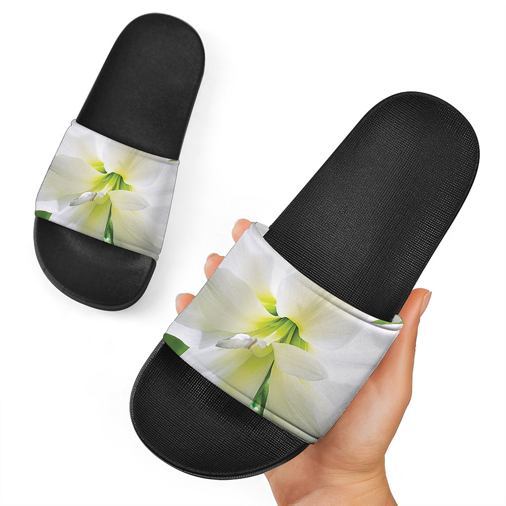 White Amaryllis Print Black Slide Sandals