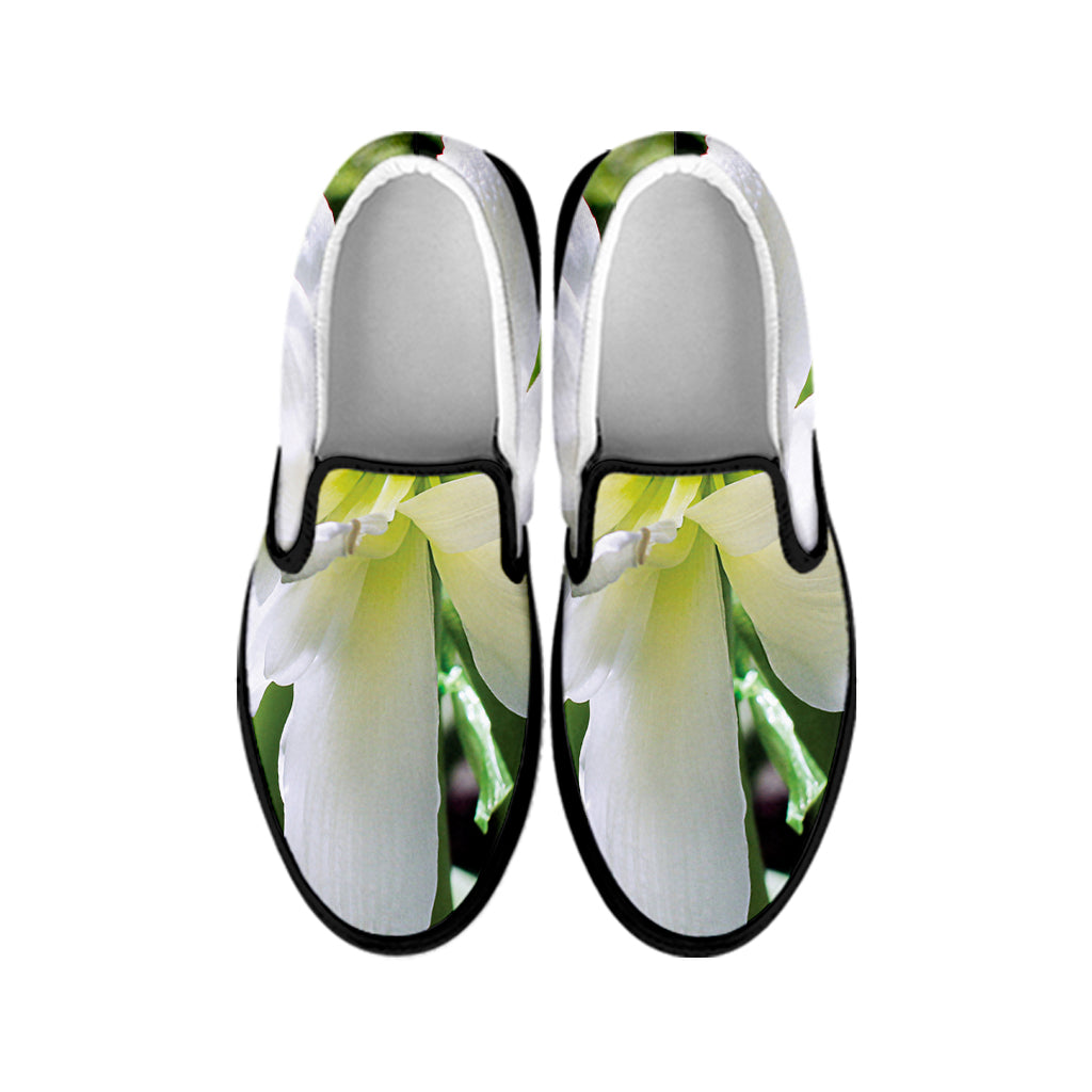 White Amaryllis Print Black Slip On Shoes