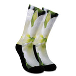 White Amaryllis Print Crew Socks