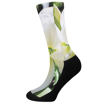 White Amaryllis Print Crew Socks