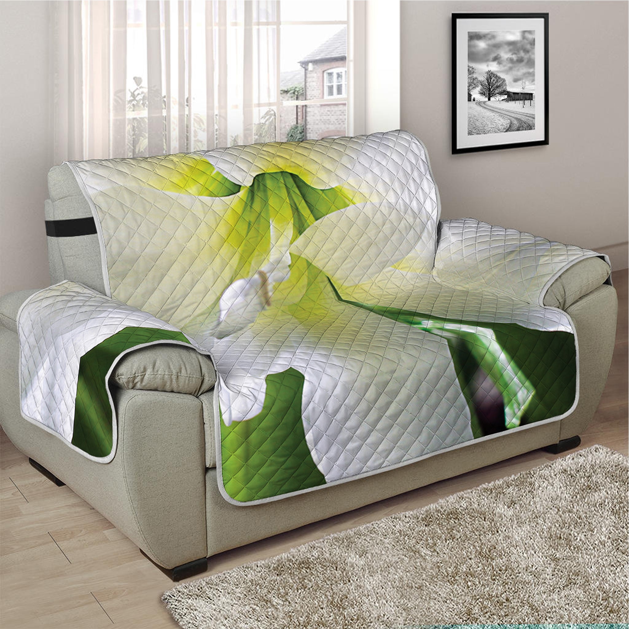 White Amaryllis Print Half Sofa Protector