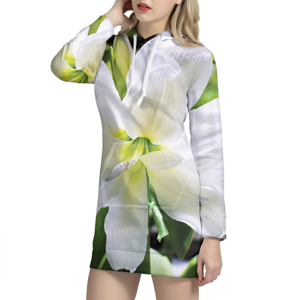 White Amaryllis Print Hoodie Dress