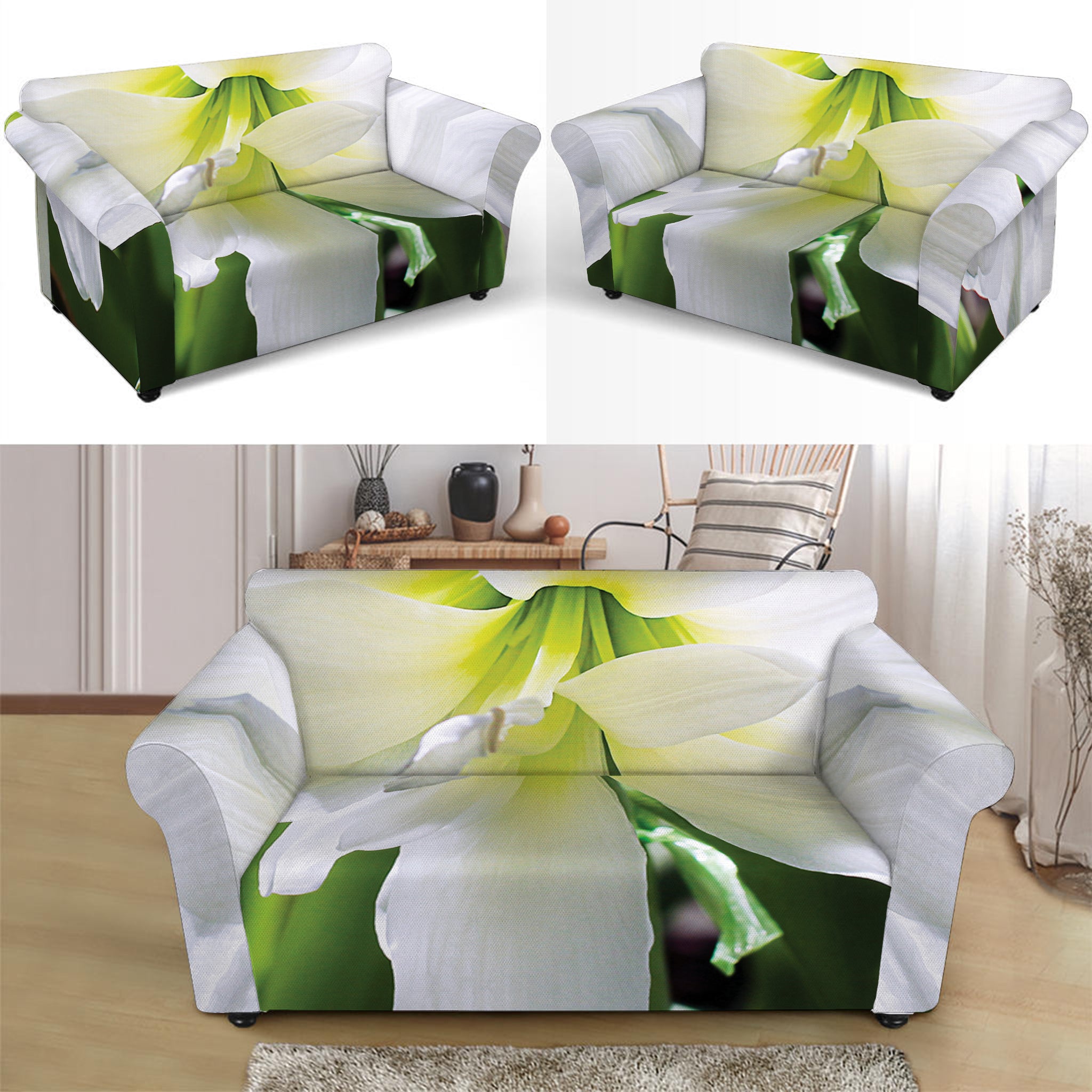 White Amaryllis Print Loveseat Slipcover