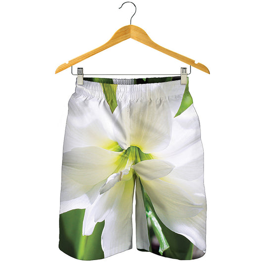 White Amaryllis Print Men's Shorts