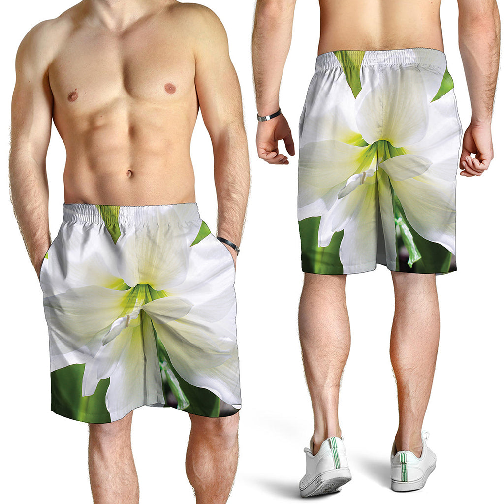 White Amaryllis Print Men's Shorts