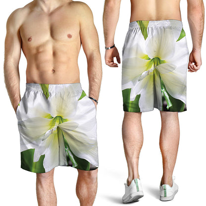 White Amaryllis Print Men's Shorts
