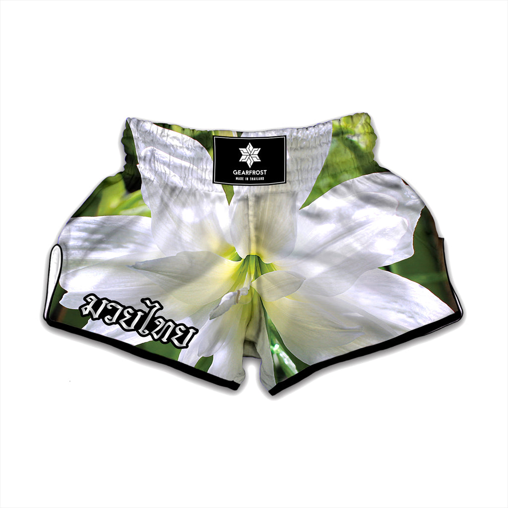 White Amaryllis Print Muay Thai Boxing Shorts