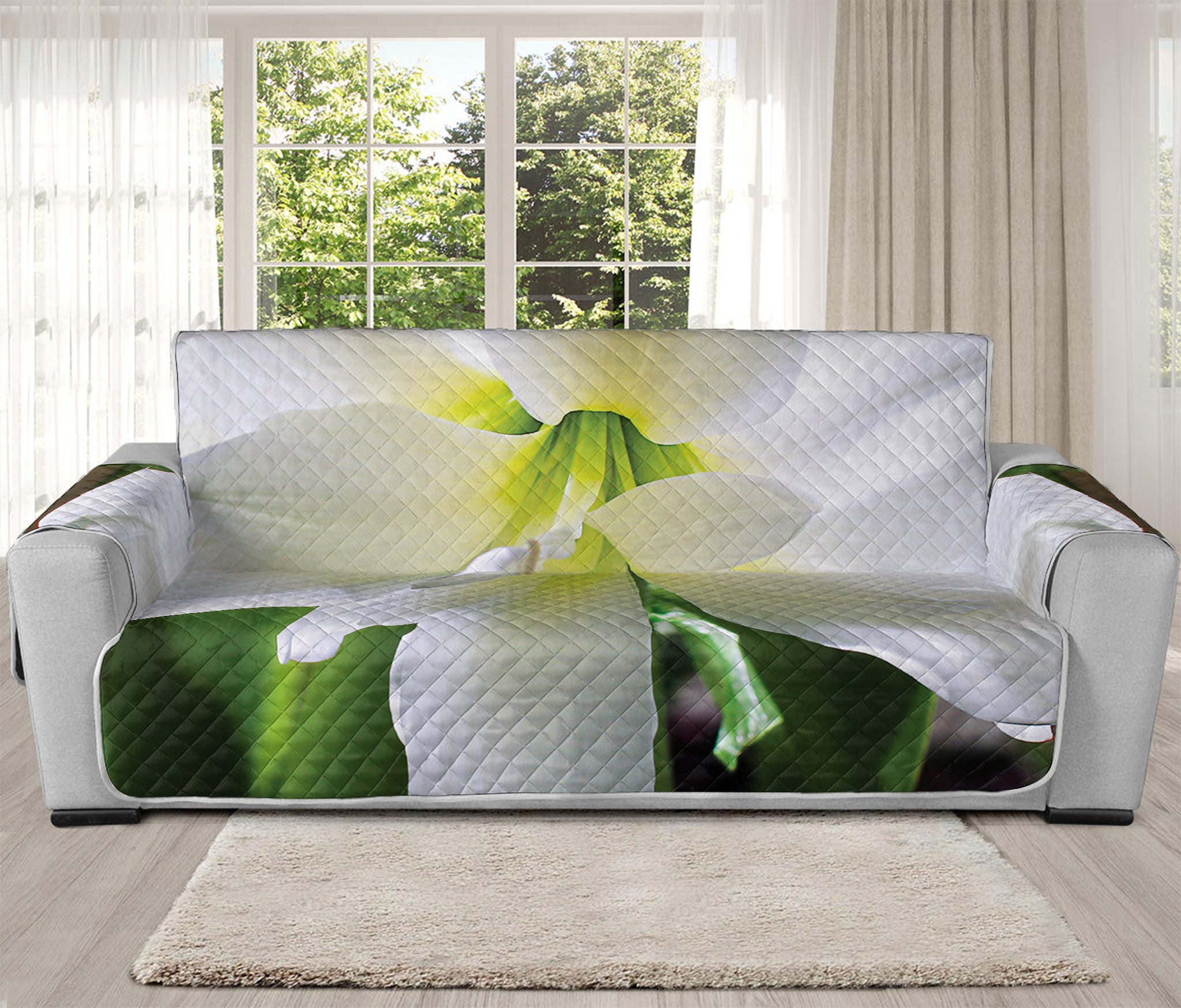 White Amaryllis Print Oversized Sofa Protector