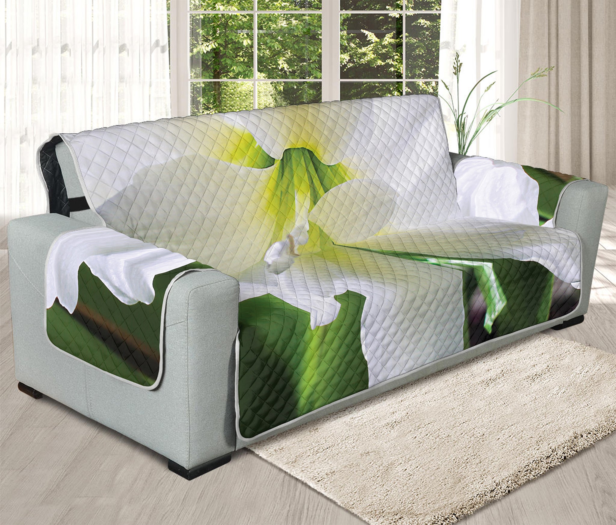 White Amaryllis Print Oversized Sofa Protector