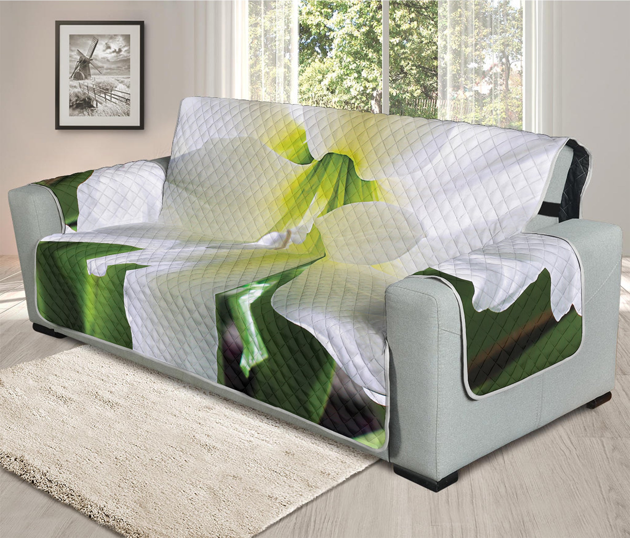 White Amaryllis Print Oversized Sofa Protector