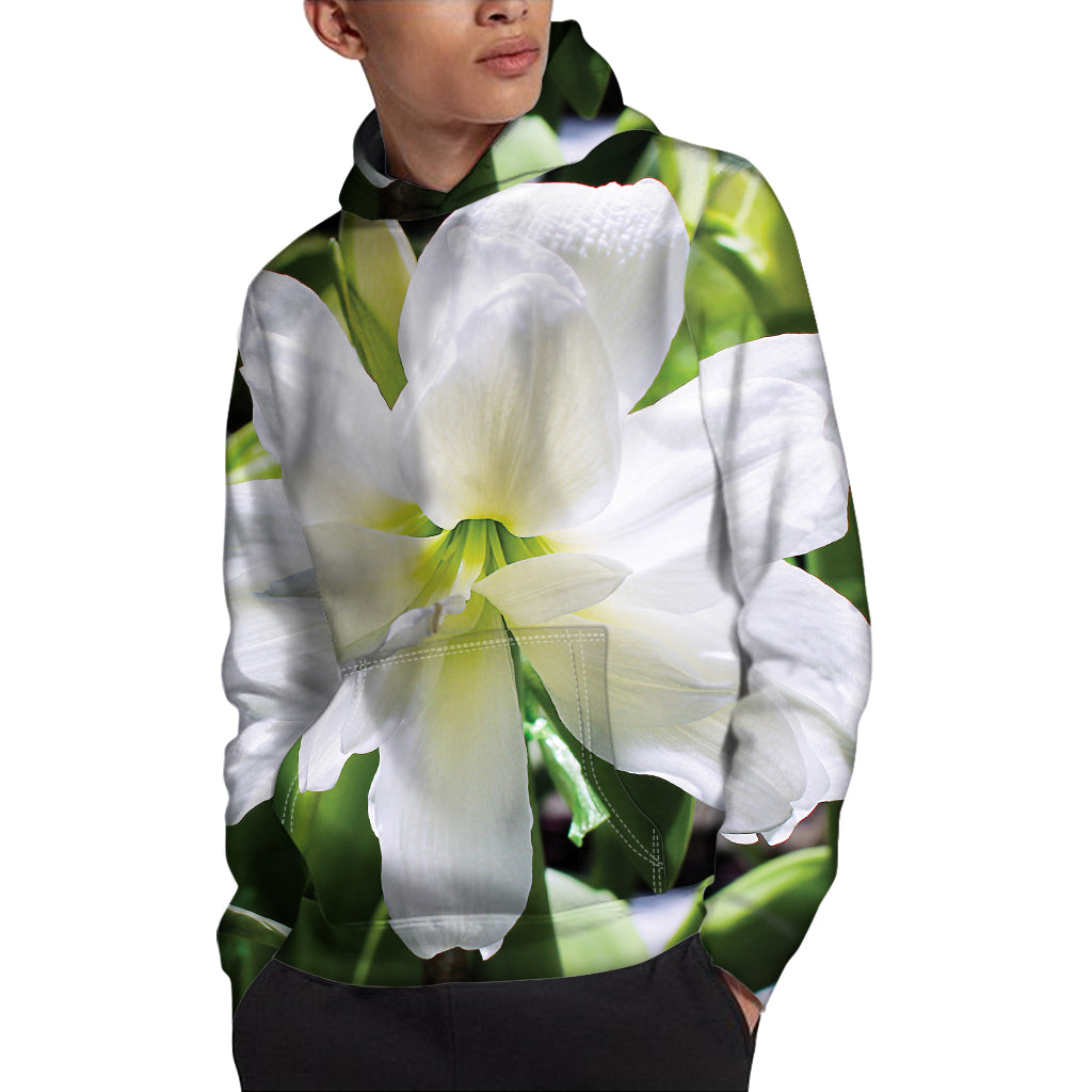 White Amaryllis Print Pullover Hoodie