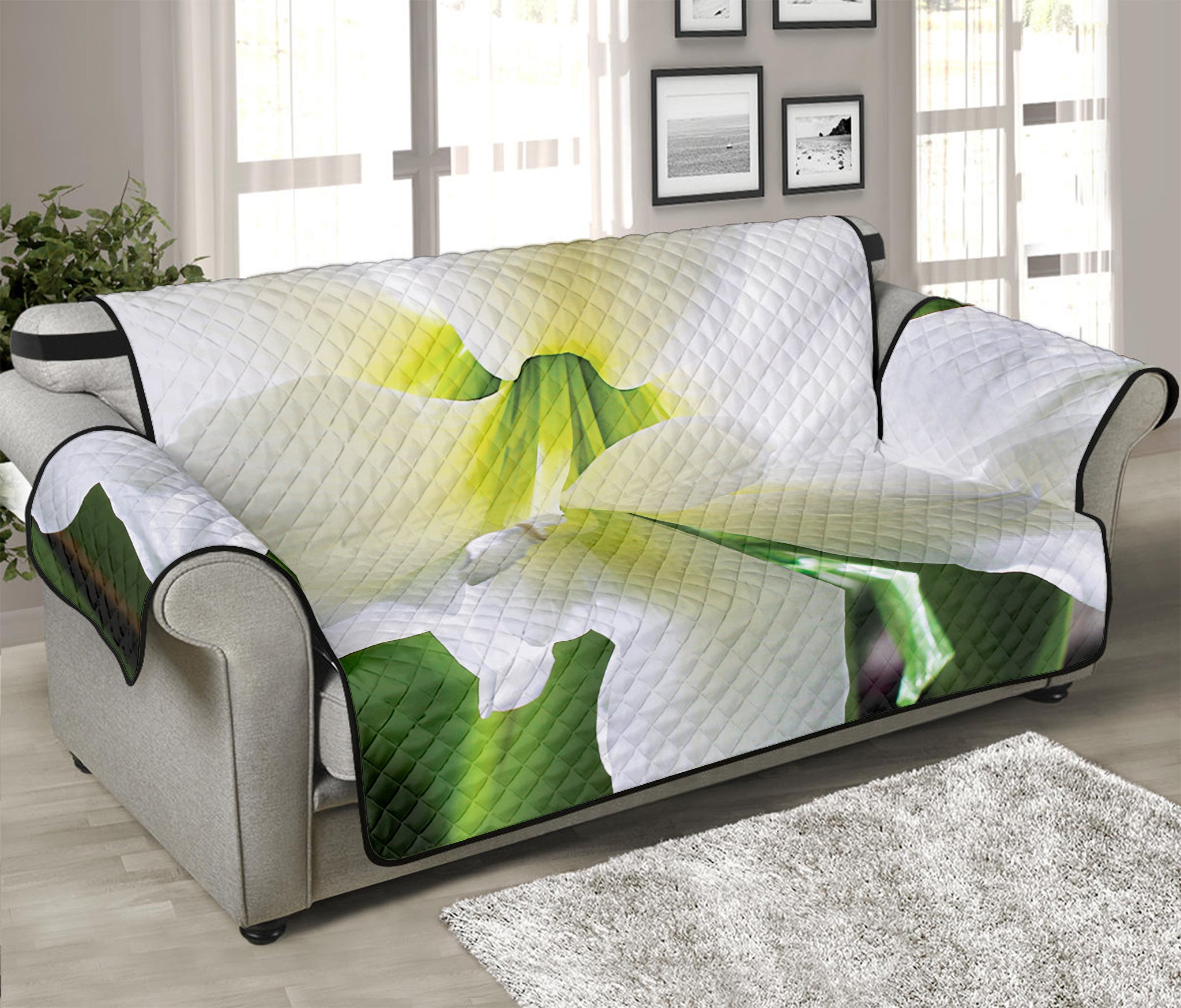 White Amaryllis Print Sofa Protector