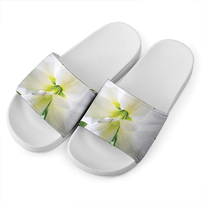 White Amaryllis Print White Slide Sandals