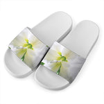 White Amaryllis Print White Slide Sandals