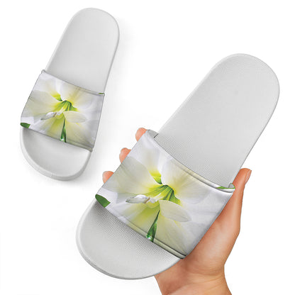 White Amaryllis Print White Slide Sandals