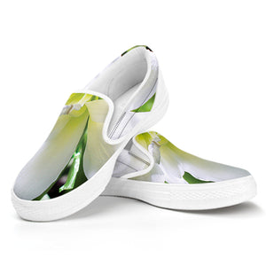 White Amaryllis Print White Slip On Shoes