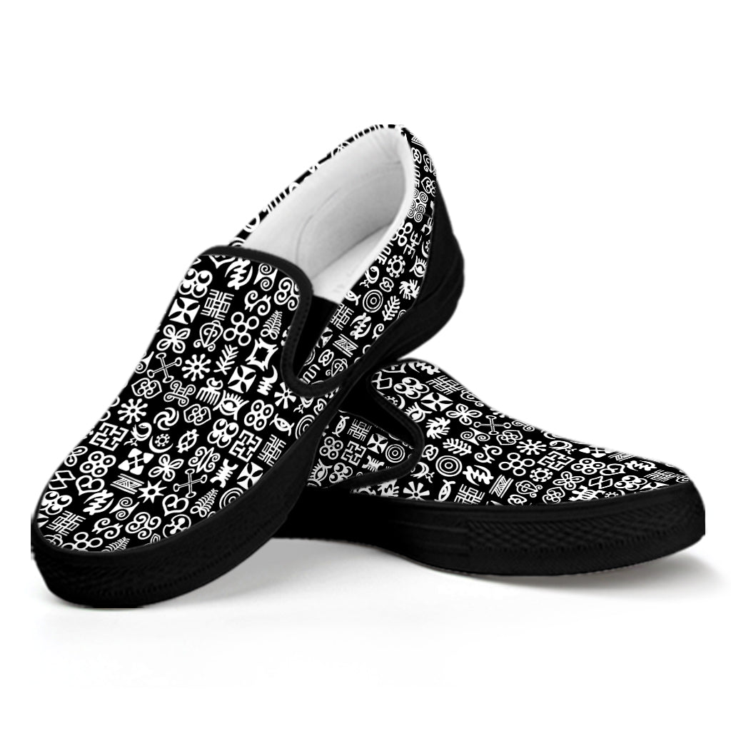 White And Black Adinkra Symbols Print Black Slip On Shoes