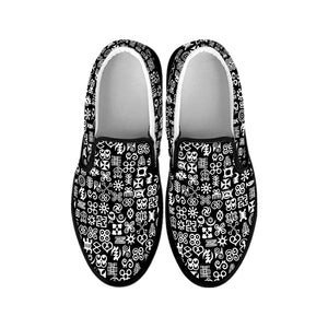 White And Black Adinkra Symbols Print Black Slip On Shoes
