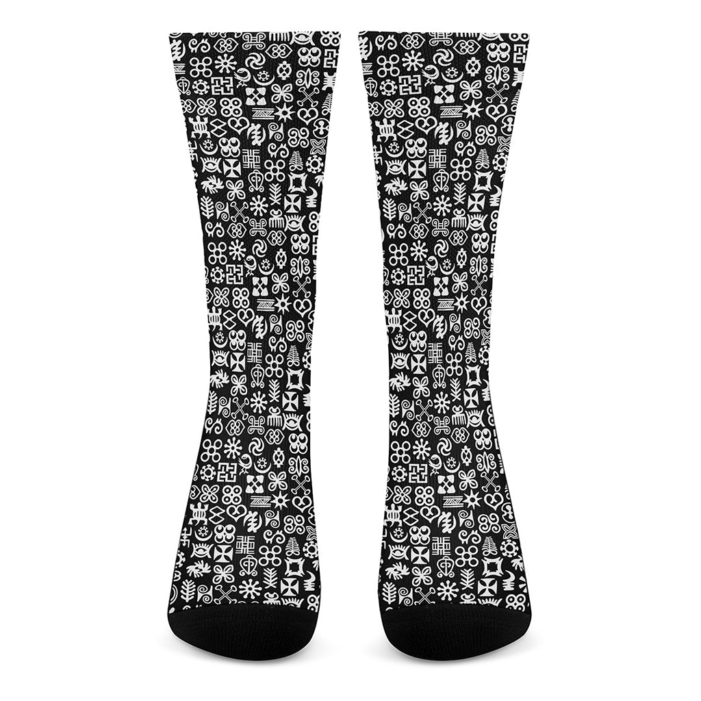 White And Black Adinkra Symbols Print Crew Socks