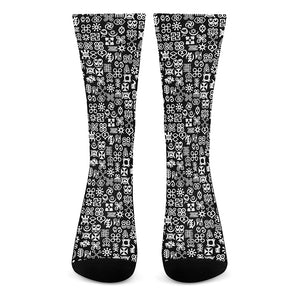 White And Black Adinkra Symbols Print Crew Socks