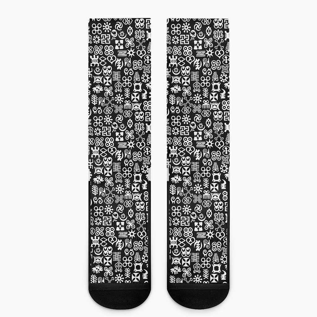 White And Black Adinkra Symbols Print Crew Socks