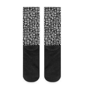 White And Black Adinkra Symbols Print Crew Socks