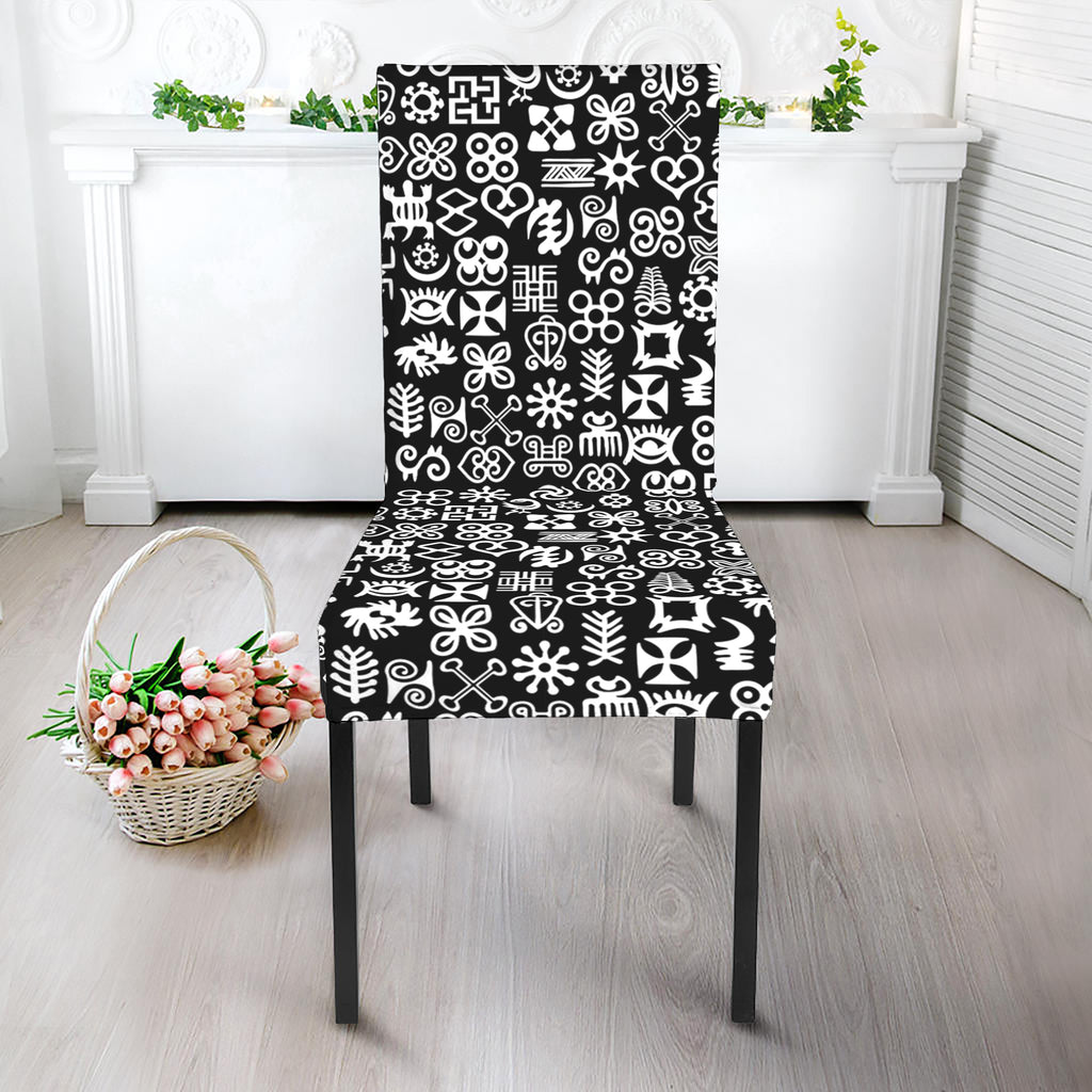 White And Black Adinkra Symbols Print Dining Chair Slipcover